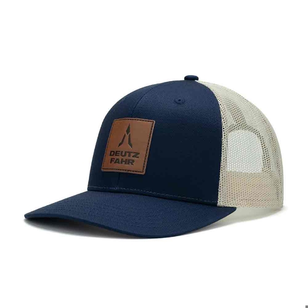 Blue/Tan Hat Left View Product Image on white background