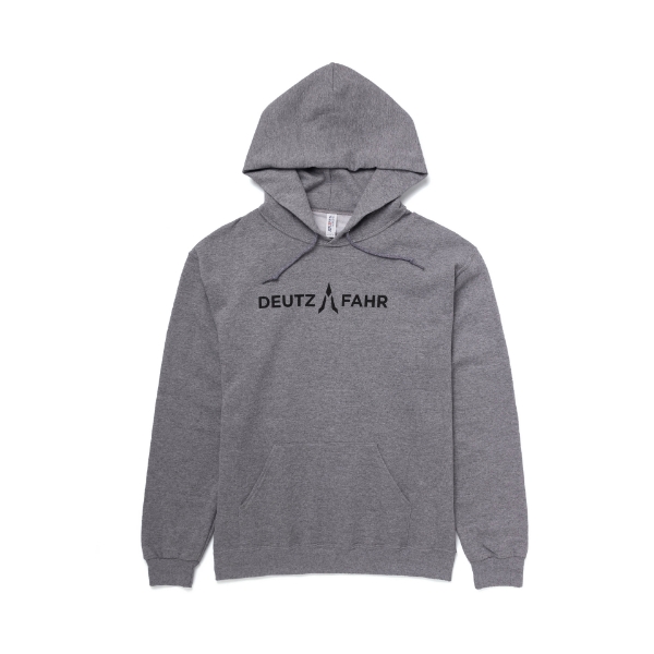 A gray hooded sweatshirt with the Deutz-Fahr logo printed in black on the front Chest.